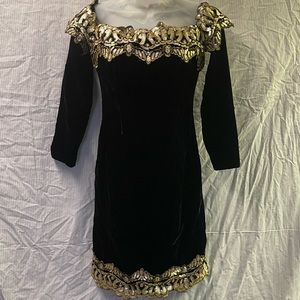 Alyce Designs Black and Gold Velvet Off the Shoulder Dress